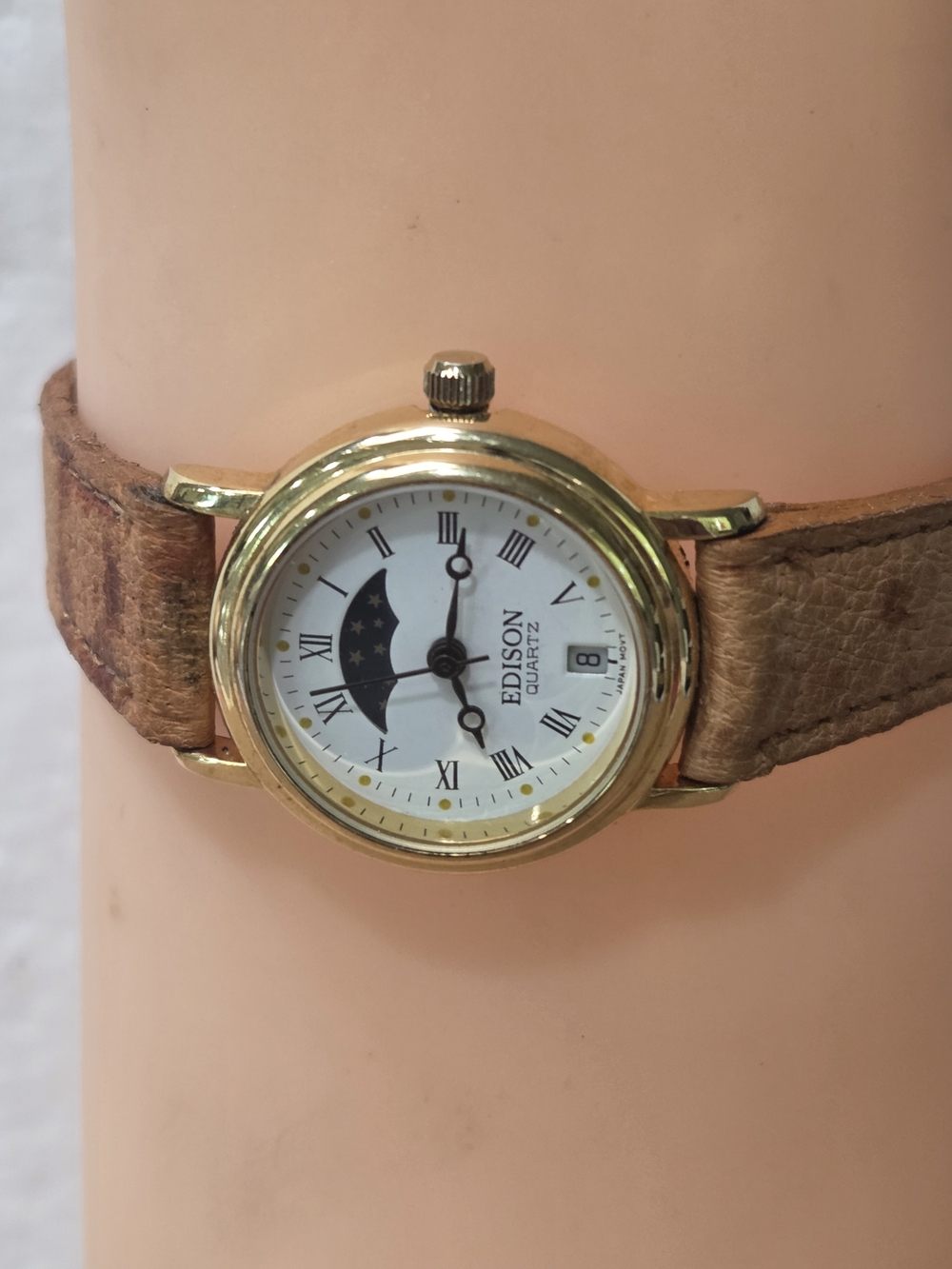 Women's Gold-Tone Moonphase Watch with Brown Leather Strap